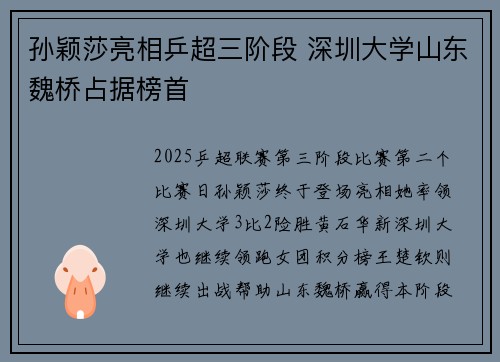 孙颖莎亮相乒超三阶段 深圳大学山东魏桥占据榜首