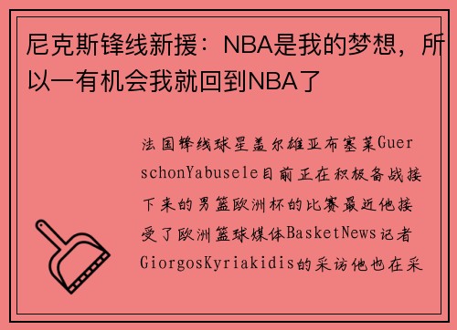 尼克斯锋线新援：NBA是我的梦想，所以一有机会我就回到NBA了