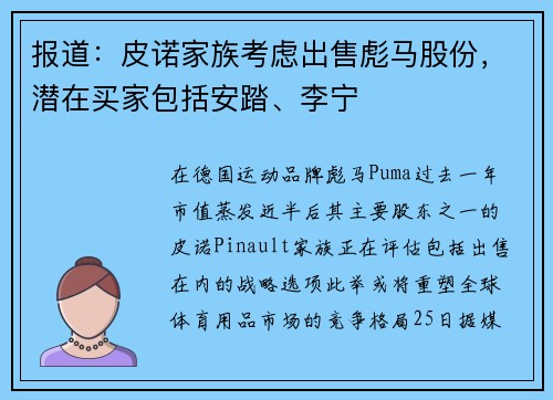 报道：皮诺家族考虑出售彪马股份，潜在买家包括安踏、李宁